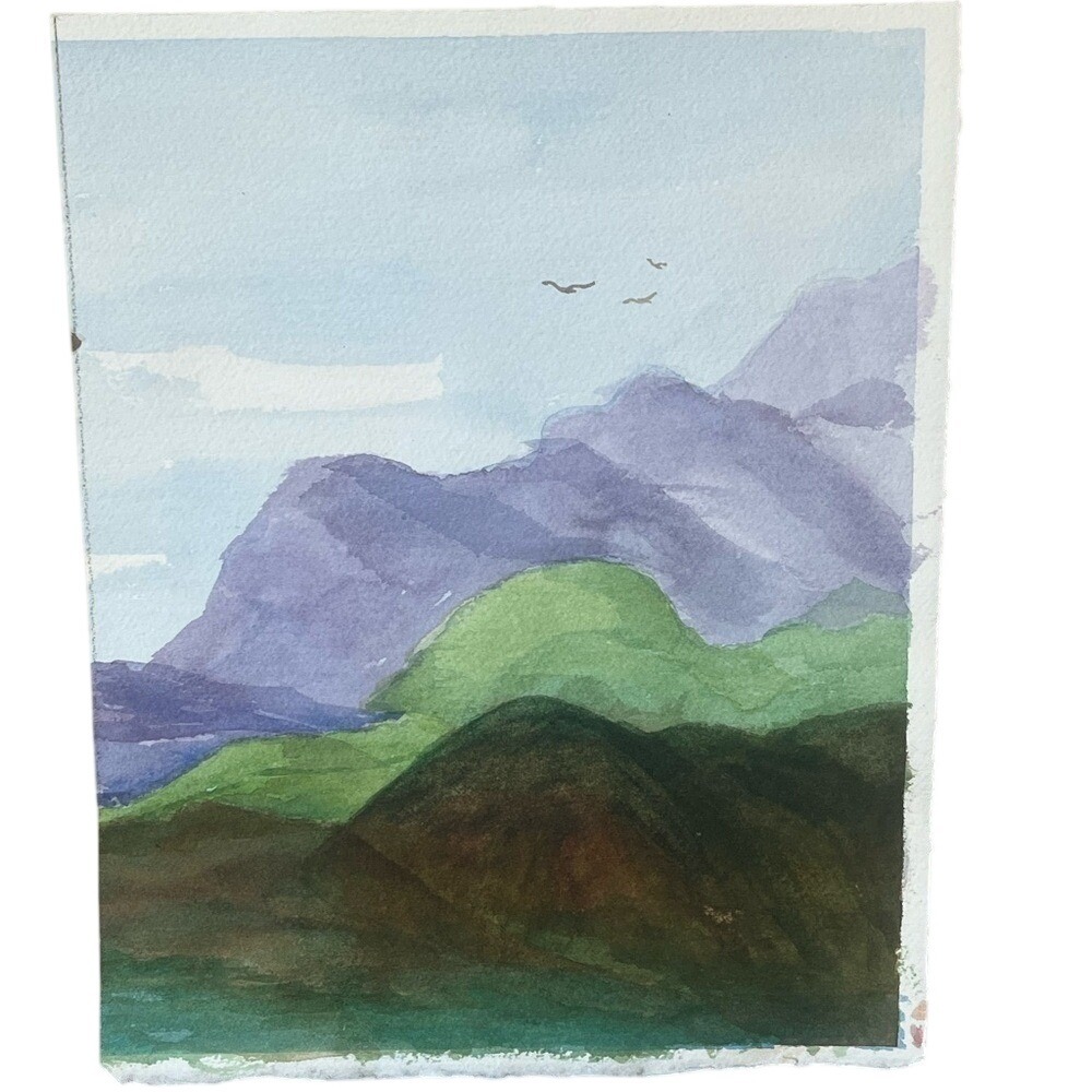 Original Watercolor Serene Mountain Landscape Scene Painting NWOT Cottagecore